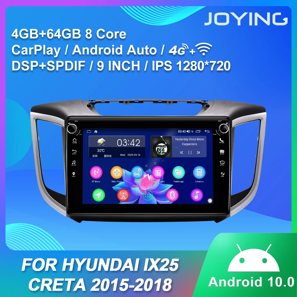 

Android 10.0 head unit GPS Navigation 4GB RAM+64GB ROM auto radio for Hyundai IX25 Creta 2015-2018 no DVD player RDS support 4G