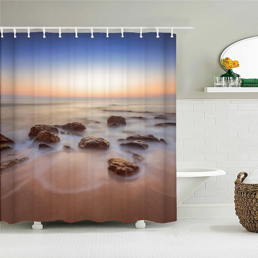 

High Quality Ocean Dusk Beach Tree Shower Curtain Waterproof Fabric Bathroom Curtains Sunset Sea Scenery Bath Screen with Hooks