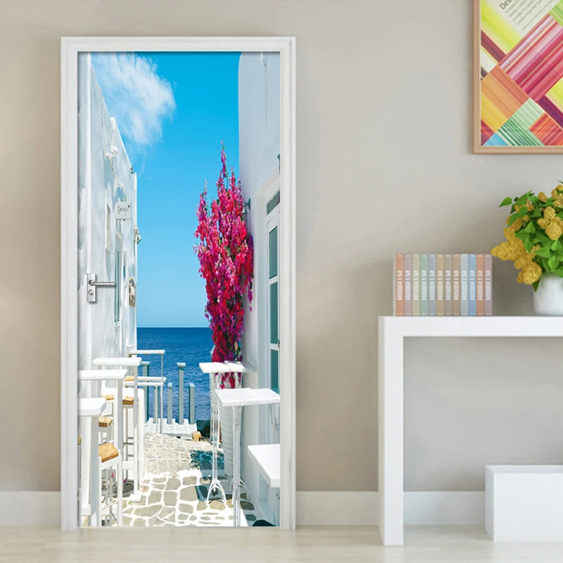 

Наклейка на дверь в Европейском стиле, ПВХ Самоклеящиеся обои 3D с изображением пейзажа, цветка, для гостиной, спальни, домашний декор, водоне...