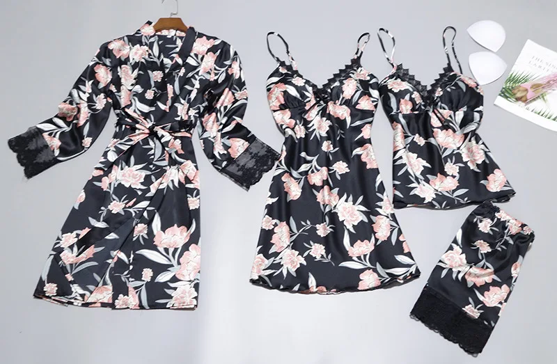 

Sexy Women Pajamas Autumn Four-piece Print Adult Gather Sling Chest Pad Nightdress Thin Style Home Wear