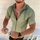 Рубашка мужская с капюшоном, Повседневная Свободная в полоску, на молнии, с V-образным вырезом, для фитнеса и бега, лето 2021