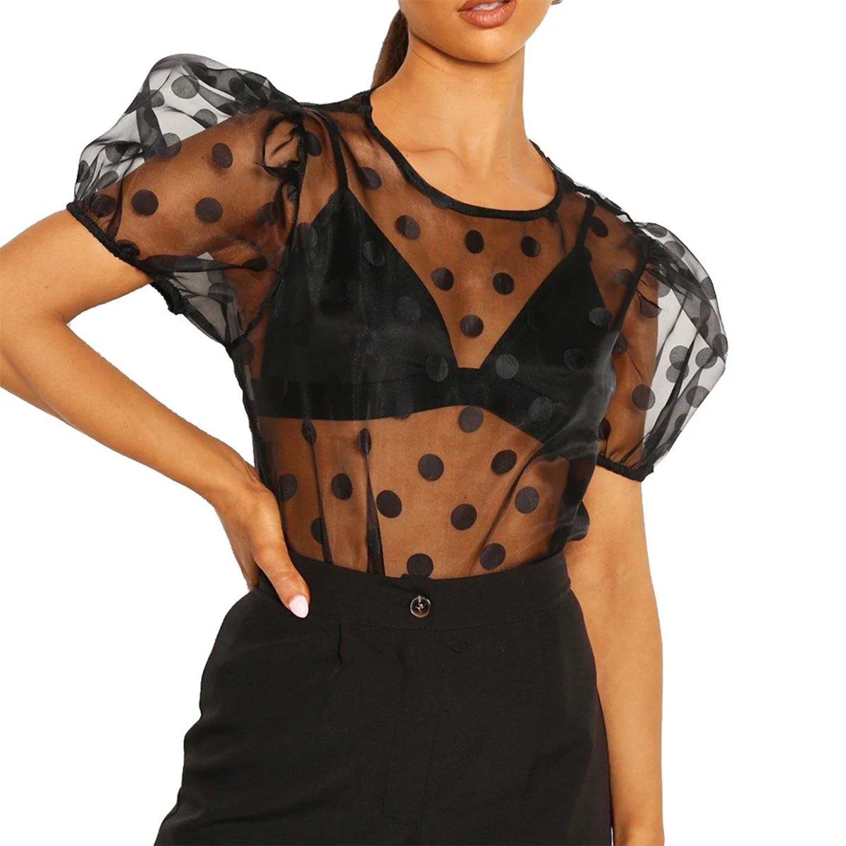 

Fashion Women Ladies Tops Short Sleeve Mesh Dot Perspective Blouse Tops Summer Casual Clothes