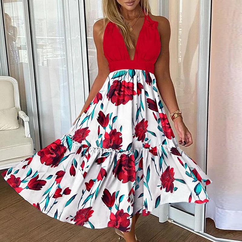 

Women Sexy Deep V Backless Party Dress Summer Fashion Vintage Rose Print Straps Ruffle Dresses Female Elegant Sleeveless Vestido