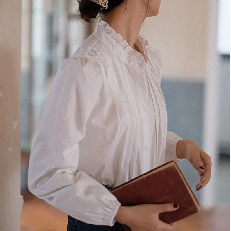 

KUSAHIKI Korean Pleated Stand Neck Shirt Causal Puff Long Sleeve Women Blouses Spring Elegant Blusas Mujer De Moda 2021 6F022