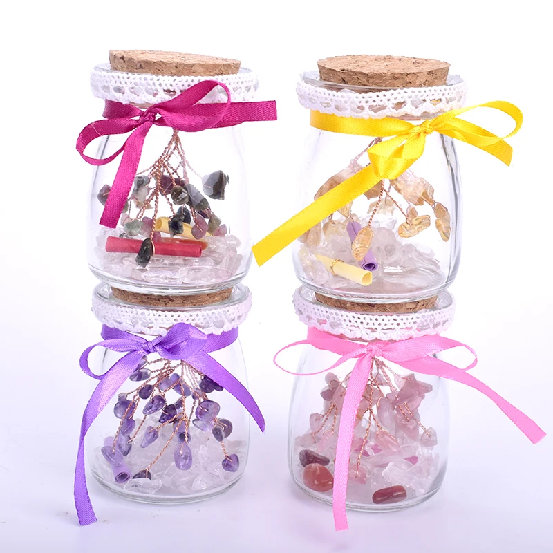 Glass Wishing Bottle with Natural Tumble Stone Crystal Healing MIni Bottles With Cork Stopper Cute Gift Home Decor |