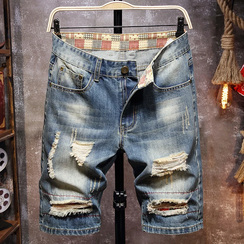 

Men's Retro Style Ripped Denim Shorts 2021 Summer New Street Fashion Slim Hole Short Jeans Male Brand Clothes