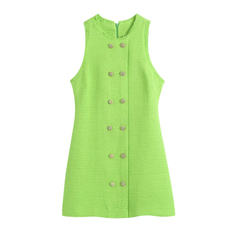 

Textured Weave Solid Mini Dress Women O Neck Sleeveless Double Button Zipper Skinny Dresses Lady Summer Chic Party Slim Vestido