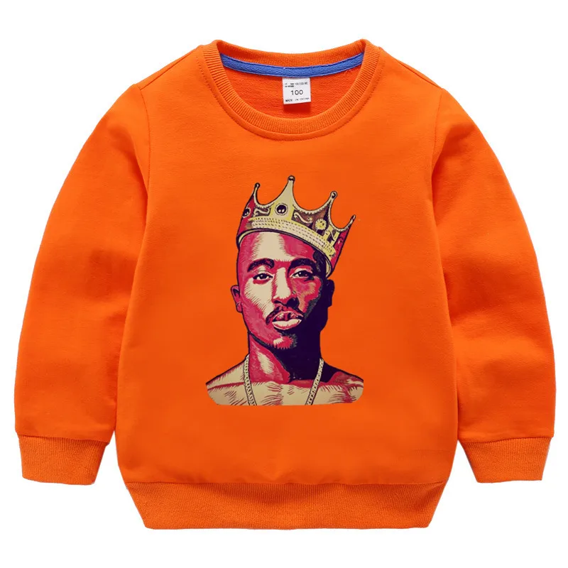 Детские хлопковые толстовки с капюшоном в стиле хип-хоп с принтом 2pac, хлопковый пуловер для девочек, топы для маленьких мальчиков, осенняя одежда - Цвет: T127J-orange