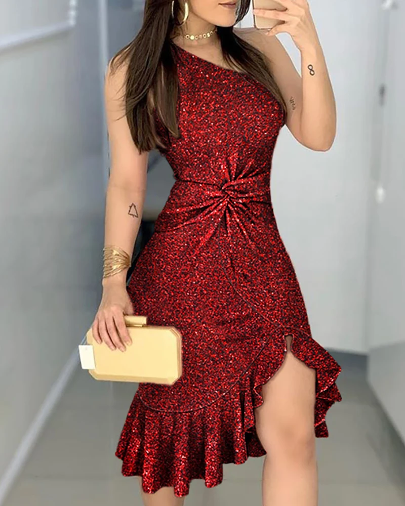 

2021 Summer Women Sexy One Shoulder Sleeveless Bodycon Dress Elegant Ruched Glitter Ruffled Party Cocktai Slit Dresses