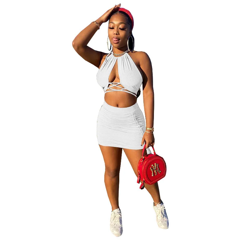 

Sexy Women Skirt Two Piece Set Hollow Out Tank Top And Mini Dress Bodycon Summer Clothes For Women Outfit