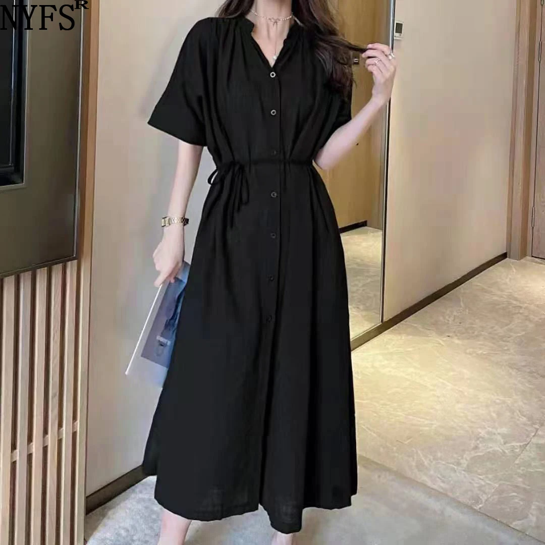 

NYFS Summer Dress 2021 New Korean Loose with Belt short sleeves Woman Dress Vestidos Robe Elbise Fashion flax Shirt Dress