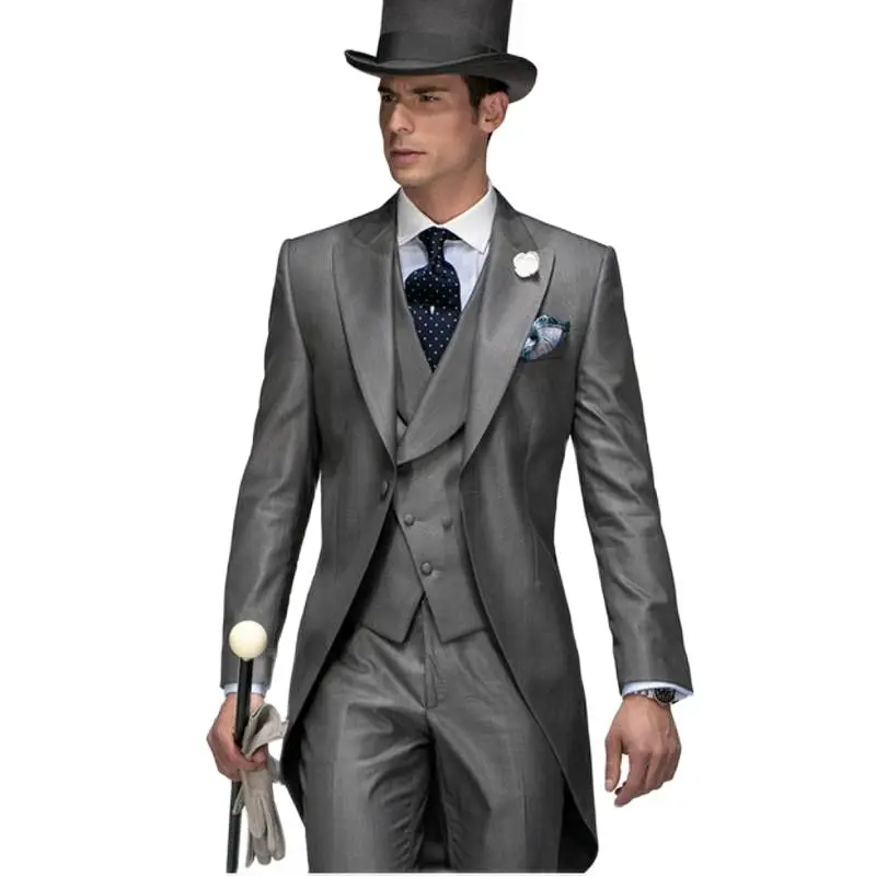Gray Morning Style Groom Tuxedos Men Prom Dress Business Suits Coat Waistcoat Trousers Sets (Jacket+Pants+Vest+Tie) K:1307