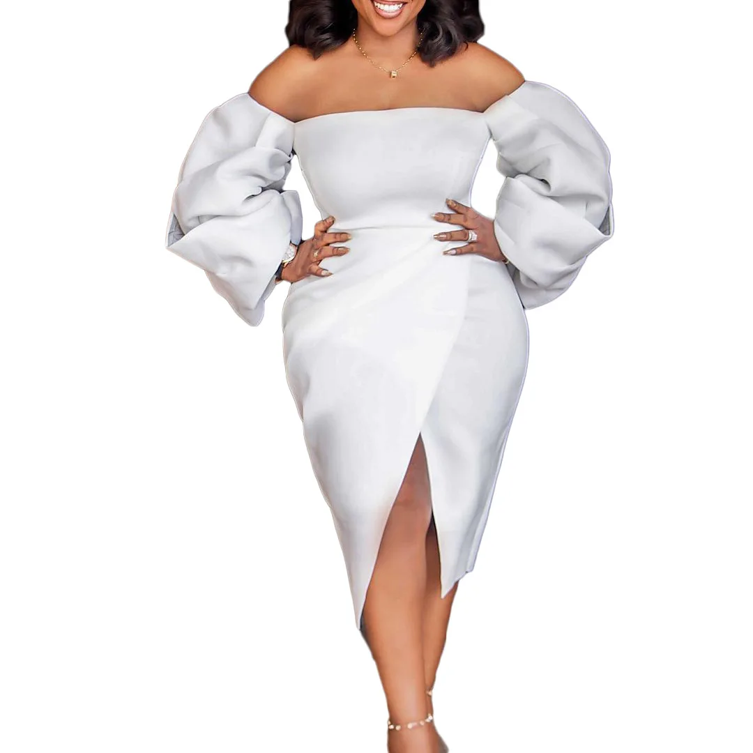 

3XL Wholesale Plus Size Clothing Women Dresses Summer 2021 New Arrival Off Shoulder Long Sleeve Elegant Robe Office Lady Dress