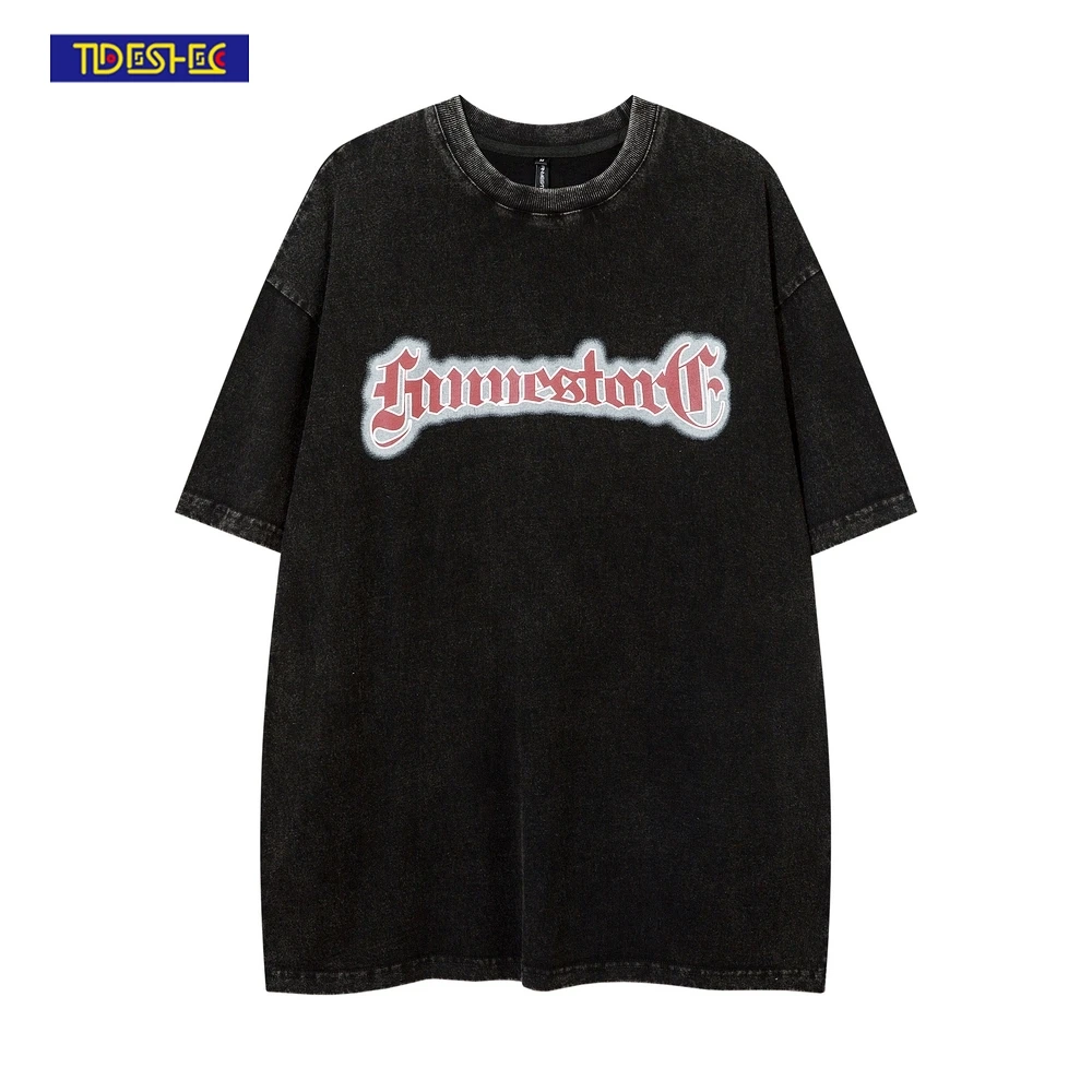 

2022 Spring Summer Oversized Washed T-shirt Men's Letter Batgirl Print Graphic Tshirt Hip-hop Streetwear Cotton American T Shirt