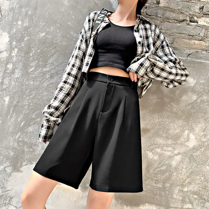 

Suit Shorts women's high waist 2021 summer thin loose show thin wide leg mid length pants straight tube casual drop feeling