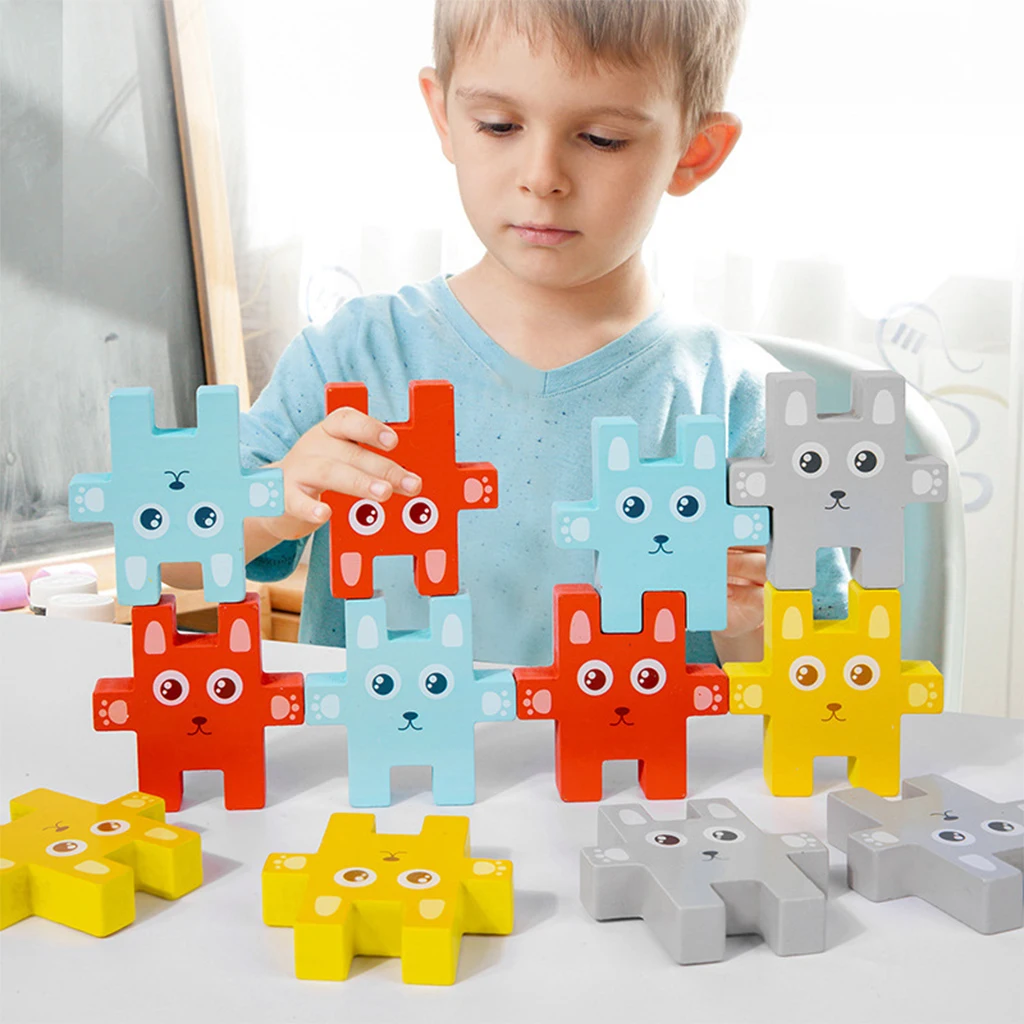 Juego de bloques de construcci&oacute;n de conejo de madera para ni&ntilde;os, juguete educativo apilado, interactivo, cultivar la concentraci&oacute;n-1