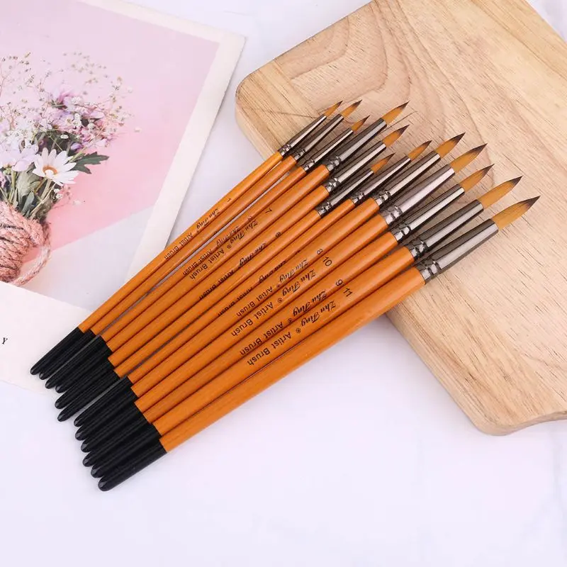 

57EC 12pcs Professional Painting Brushes Nylon Hair Artist Watercolor Acrylic Gouache