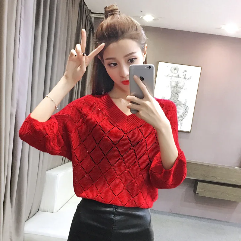 

Women's Pullover Sweater New Spring Autumn Hollow Sweater Female Loose Oversized Blouse Bat Sleeve Net Shirt V-neck Coat A188