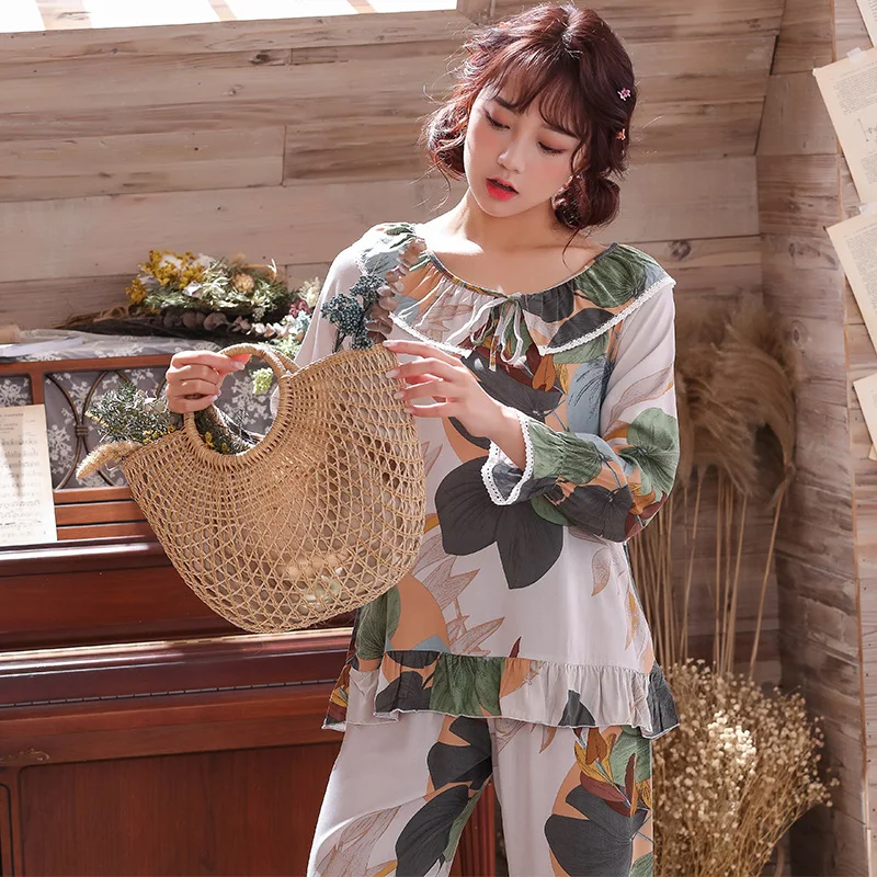 Пижама женская хлопковая с длинным рукавом и цветочным принтом 2 шт. | Женская