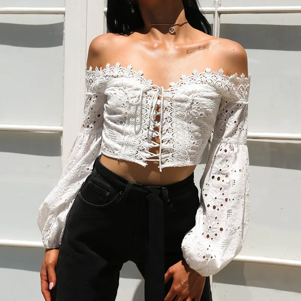 

Sexy Lace Up Blouses Women Off Shoulder Long Sleeve Hollow Lace Loose Blouse Tops Streetwear Off Shoulder Top Рубашка @40