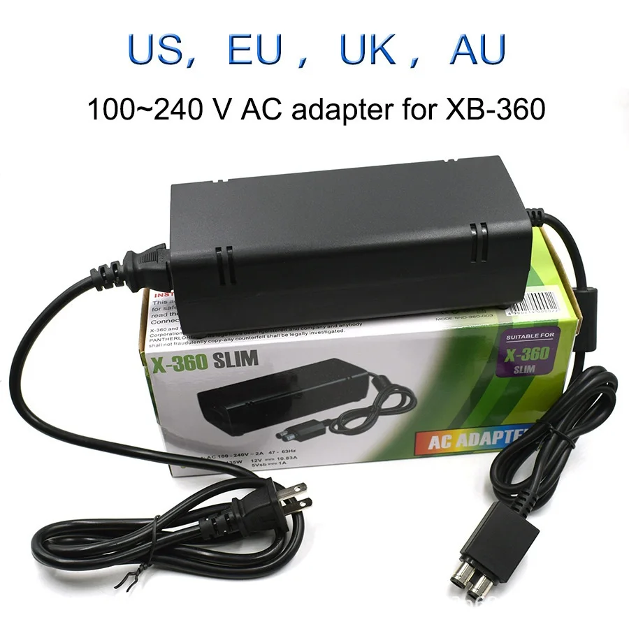 

New AC 100-240V Adapter Power Supply Charger EU Plug Cable for XBOX 360 Slim Ideal Replacement Charger With LED Indicator Light