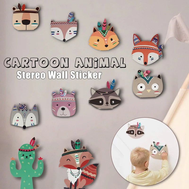 Наклейка на стену в индийском стиле с милыми животными лисой сосной елкой