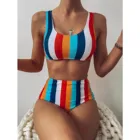 Женский купальный костюм 2021, женский полосатый купальник пуш-ап с высокой талией, комплект бикини с лямкой на шее, купальник из двух предметов, женский купальный костюм
