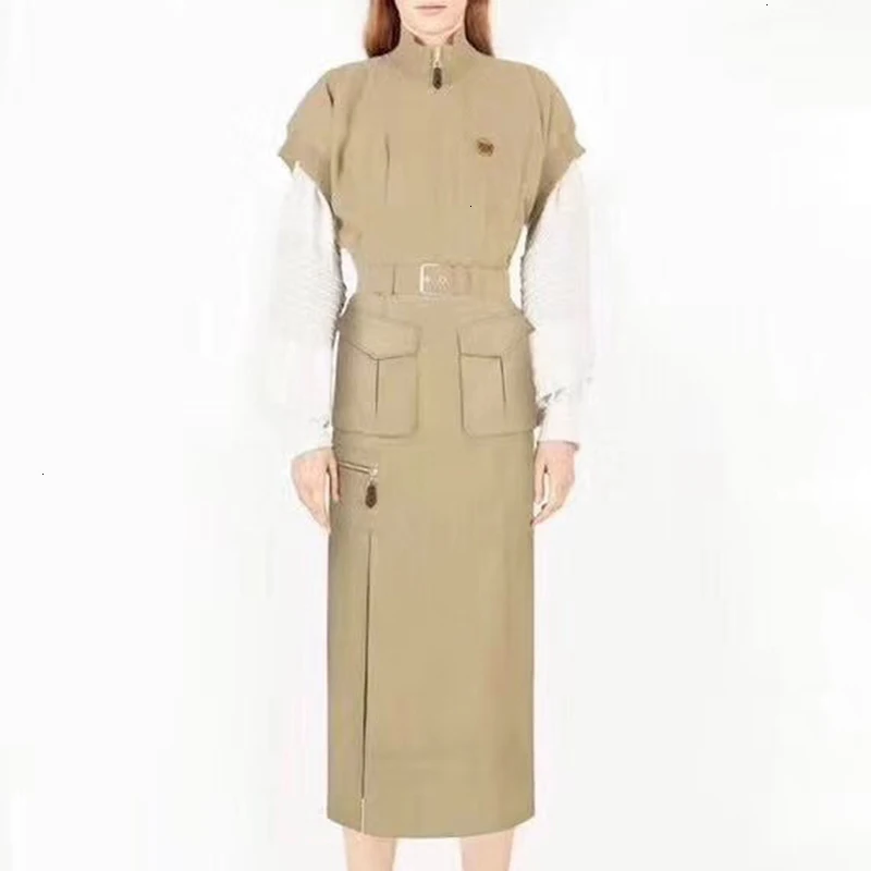 TWOTWINSTYLE платье для женщин со стоячим воротником короткий рукав с карманами и высокой посадкой пояса женские платья Осенняя мода новая одежда