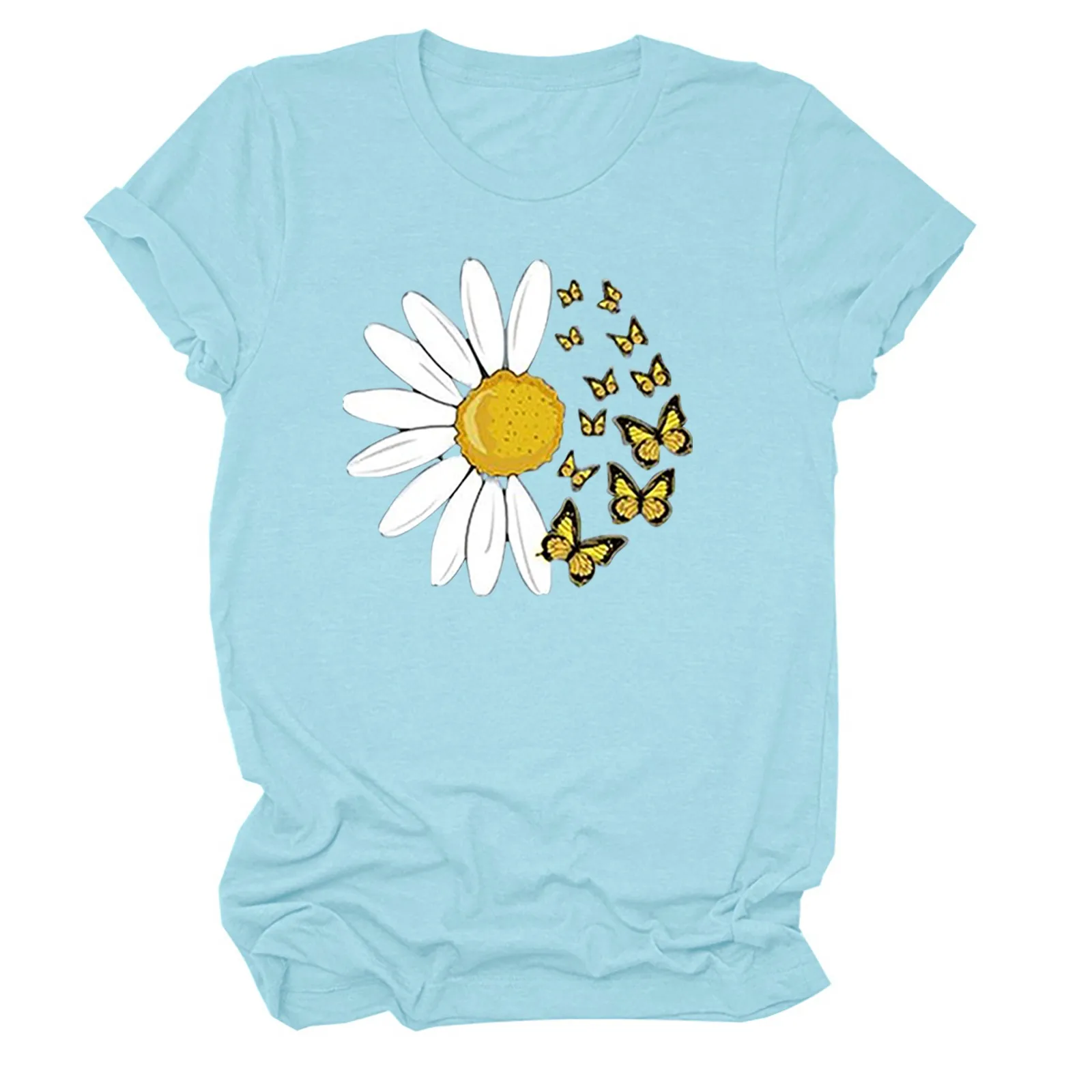 

2021 Summer Women's Casual Fashion Loose Daisy Plus Printing Butterfly Print Round Neck Short-sleeved Tops camisetas de mujer