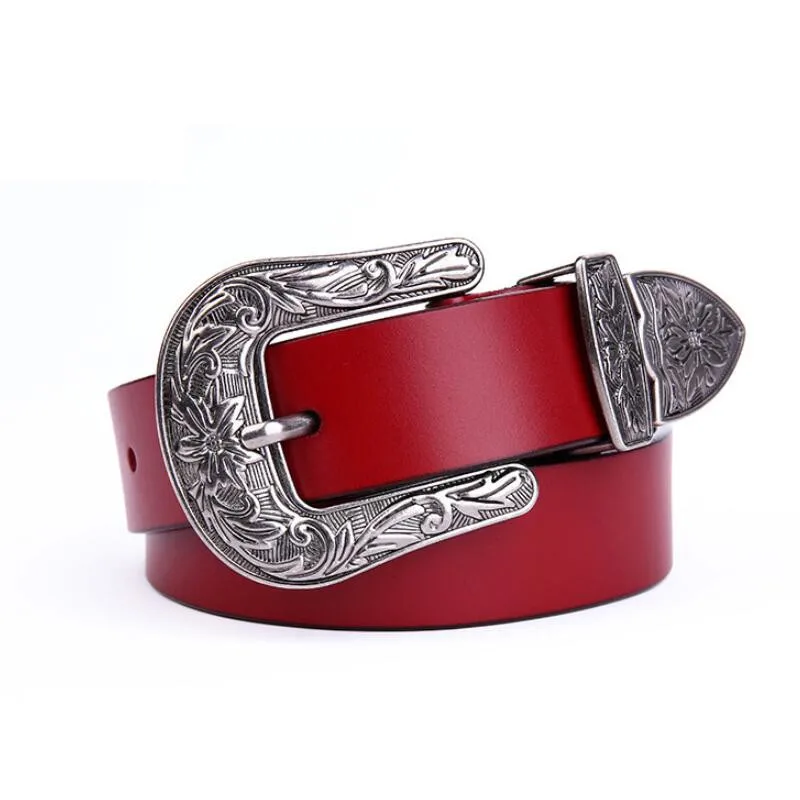 

Vintage Pin Buckle Genuine Leather Women Belt High Quality Fashion Floral Carved Waist Belt Design Women Jeans Belts 2.8cmwide