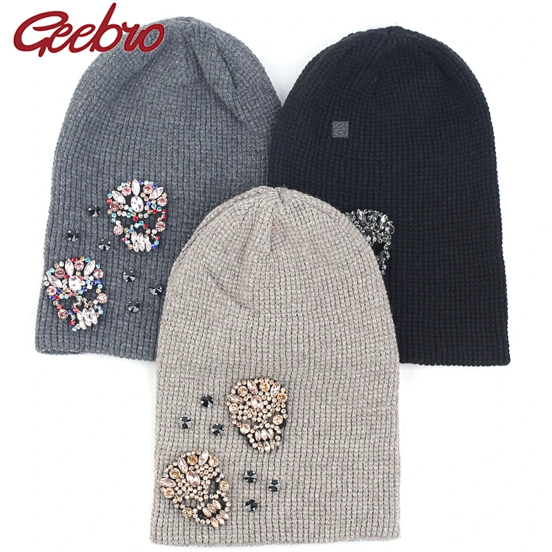 Кашемировая шапочка для взрослых с черепом аксессуары стразы осенне-зимняя