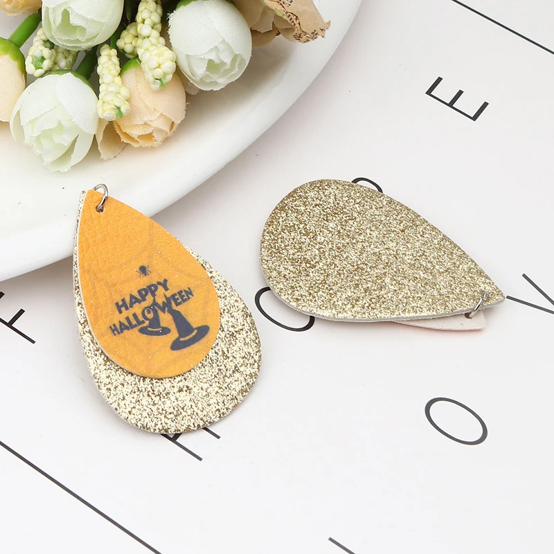 

Gold Sequin Earrings Orange White Ghost Pattern Water Drop Shape Double Layer Leather Earrings Rings Pendant Halloween Decor
