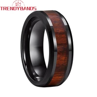 red wood inlay mens womens tungsten rings wedding band 8mm black polished shiny comfort fit