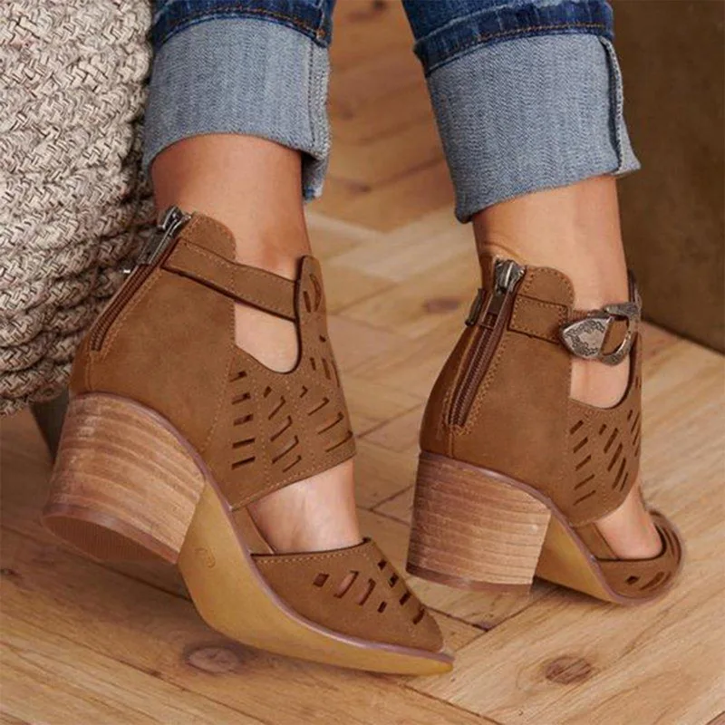 

Vintage Hollow Out Sandals Women Mid Heel Summer Slip-on Buckle Ladies Shoes Artificial Open Toe Casual Wedding Pumps Sandalias
