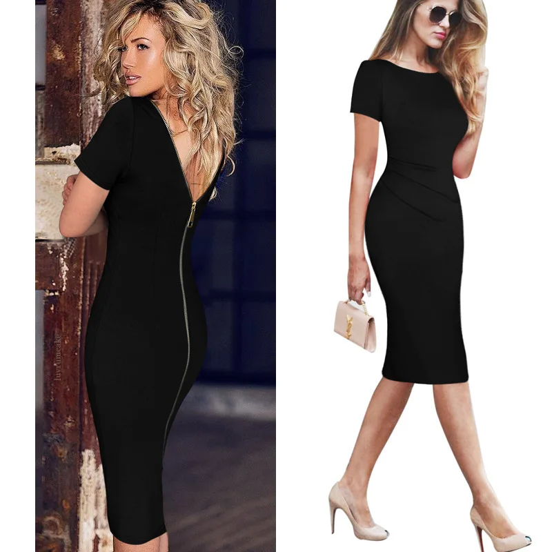 Женское сексуальное платье карандаш на молнии с длинным рукавом и круглым