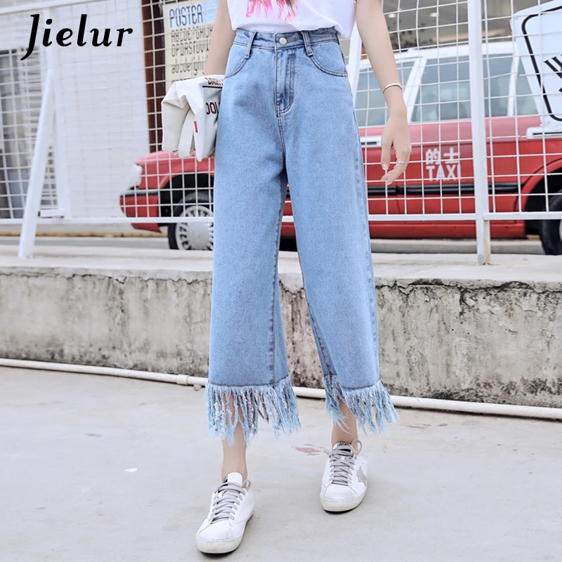 

New High Waist Tassel Pockets Jeans Wide Leg Pants Casual Retro Woman Korean Jeansy Bell Bottom Jeans BF Denim Pants