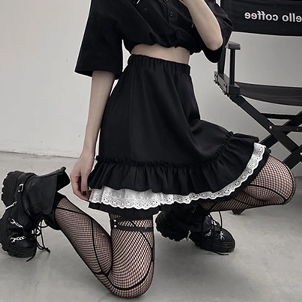 

Skirt Women 2021 Harajuku High Elastic Waist Lace Black Mini Skirts Punk Gothic Pleated Skirt Cute School Girl Beatiful Pretty