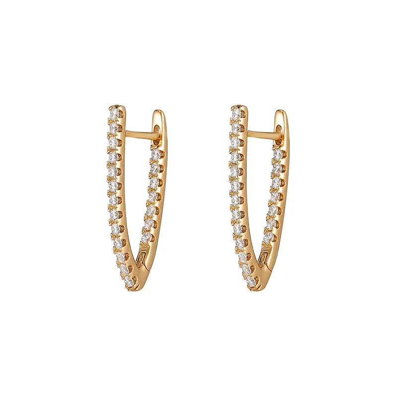 

Geometric V-shaped Lock Buckle 14K Gold Metal Brass Inlay Single Row Zircon Hoop Earrings Women Party Jewelry