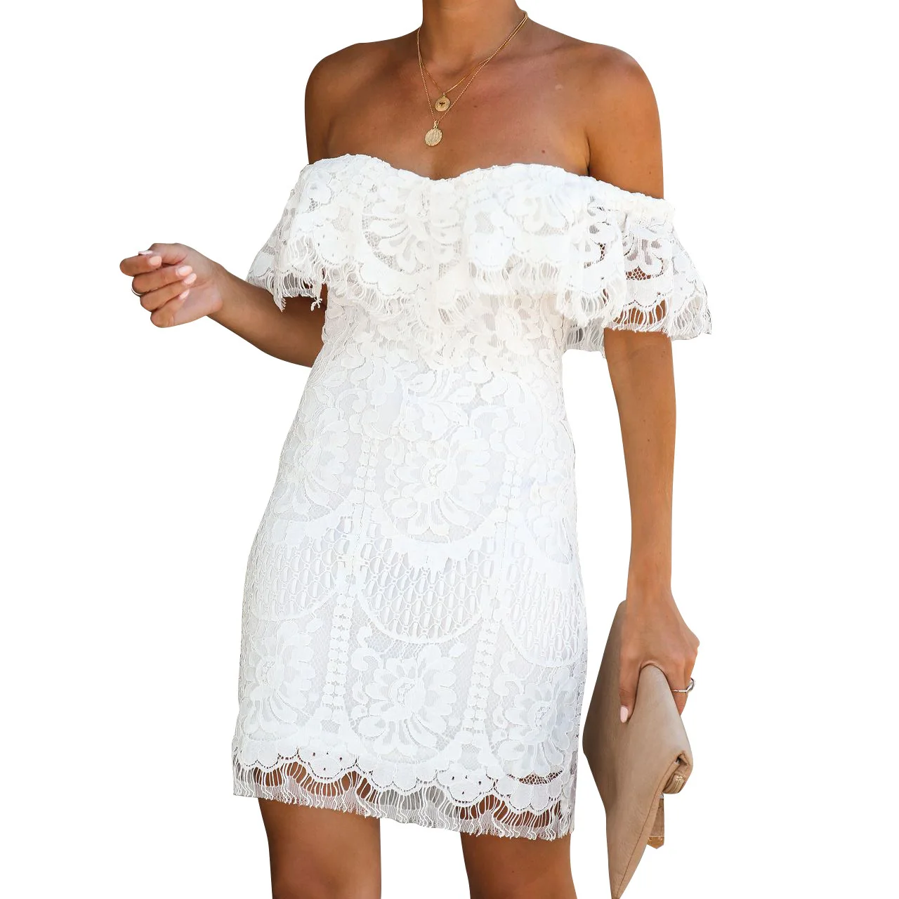 

Summer lace sexy one-shoulder lotus leaf with lace solid color dress