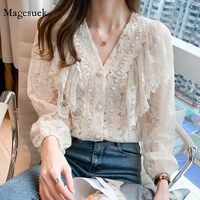 new lace ruffled patchwork blouse women spring v neck sweet buttons solid ladies top long sleeve lace flower hollow shirt 13430