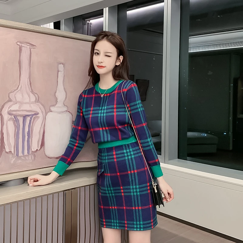 

LUKAXSIKAX 2020 New Spring Autumn Women Sets High Quality Retro Plaids Knitted Suits Sweater And Skirt Two Piece Set