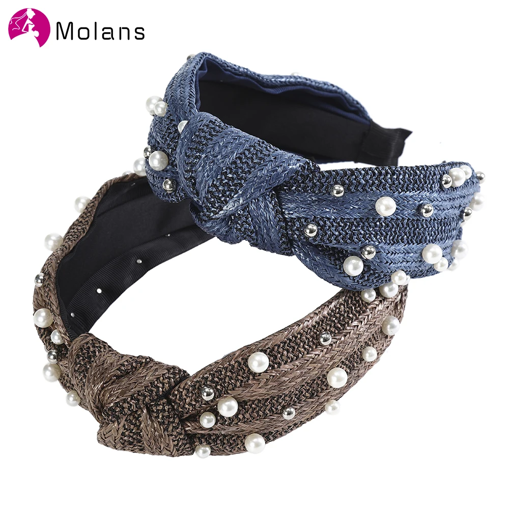 Molans однотонный ободок с узлом и жемчугом женские модные плетеные ободки для