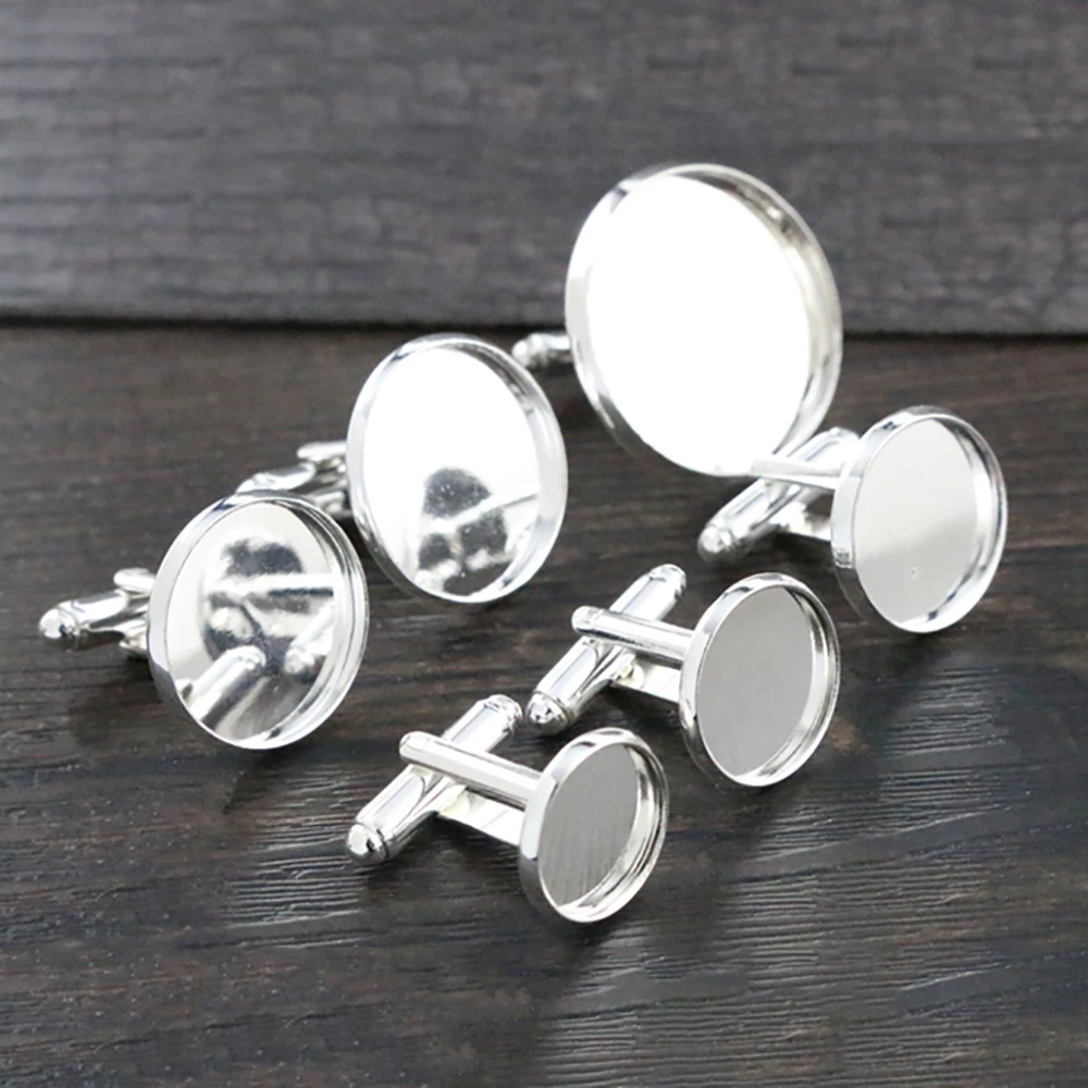 

10pcs/ lot 10mm,12mm,14mm,16mm,18mm,20mm, Bright Silver Plated Copper Cufflink Base Cuff Link Settings Cabochon Cameo Base