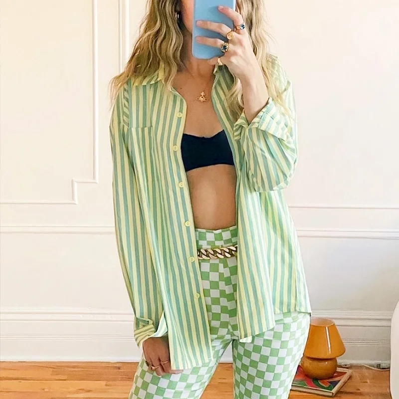 

MosiMolly 2021 Summer Candy Color Striped Blouses Shirt Oversize Bf style shirt tops