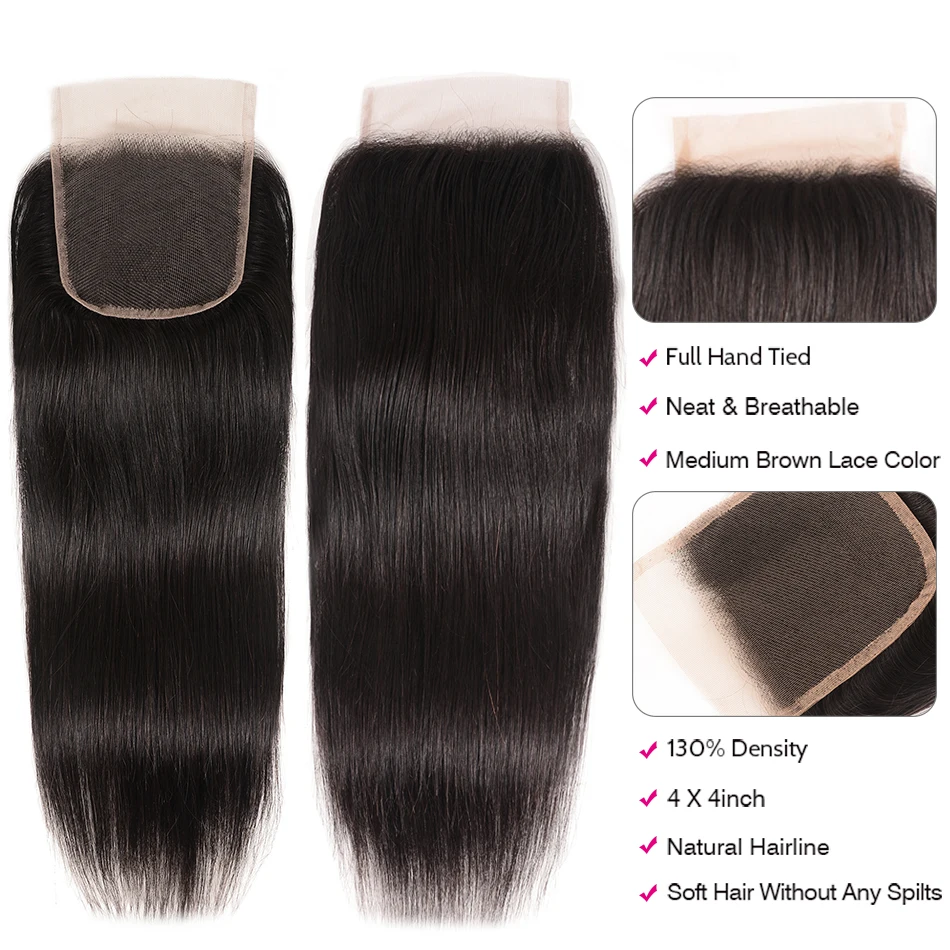 Волосы UNICE Icenu, волосы remy, серия, бразильские прямые волосы, 3 пряди, с закрытием, человеческие волосы, плетение, 4х4, на шнуровке, 4 шт., 8-30 дюймов