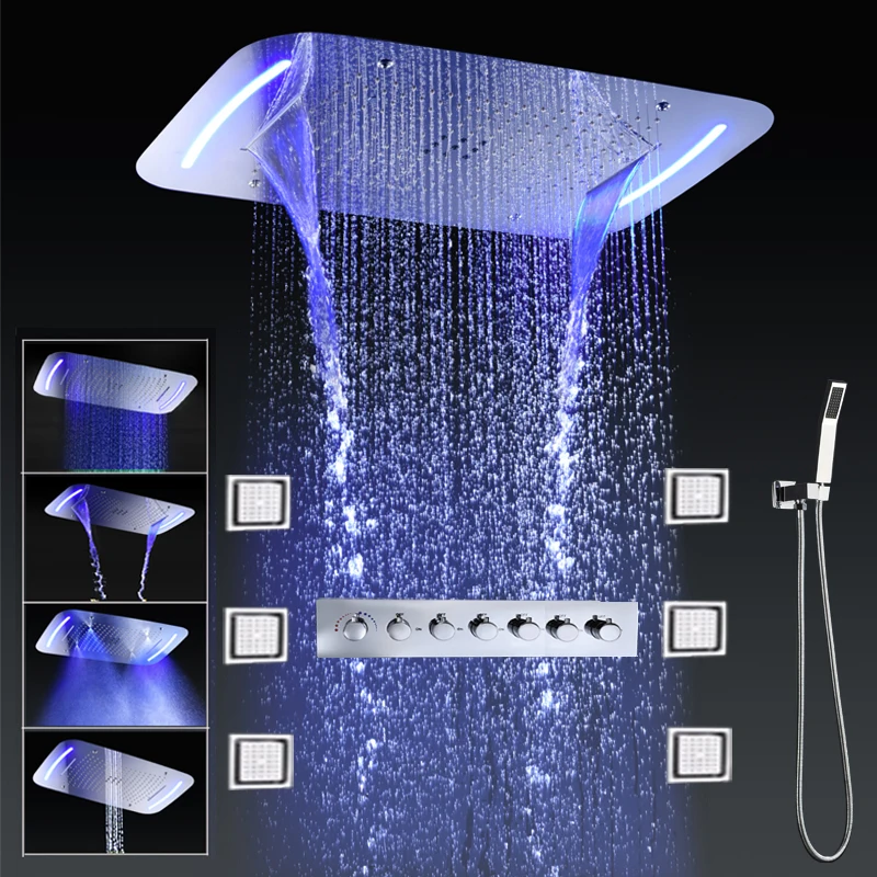 

2022 High Quality Thermostatic Shower Set Ceiling LED Waterfall Rain Mist Bath ShowerHead Kits 6 Functions Mixing Valve Faucets