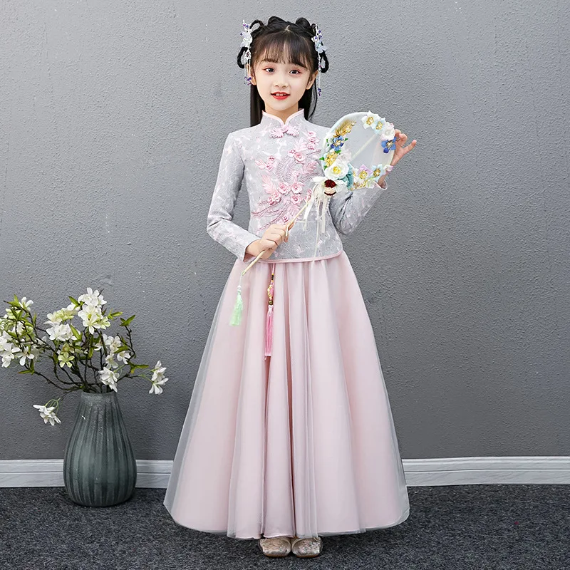 2PCS Chinese Flower Girl Dress For Wedding Girls Hanfu Long Lace Embroidery Cheongsam Dress Princess Dresses Kids New Year Dress