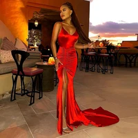 simple red v neck mermaid evening dresses women floor length side slit formal party gowns 2021 prom dress court train