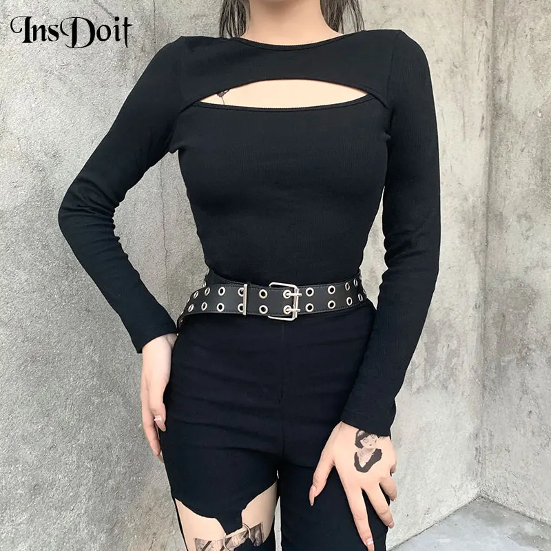 

InsDoit Streetwear Sexy Hollow Out Black Top Punk O Neck Bodycon Long Sleeve Tops Women Harajuku Casual Knitted Autumn Basic Top