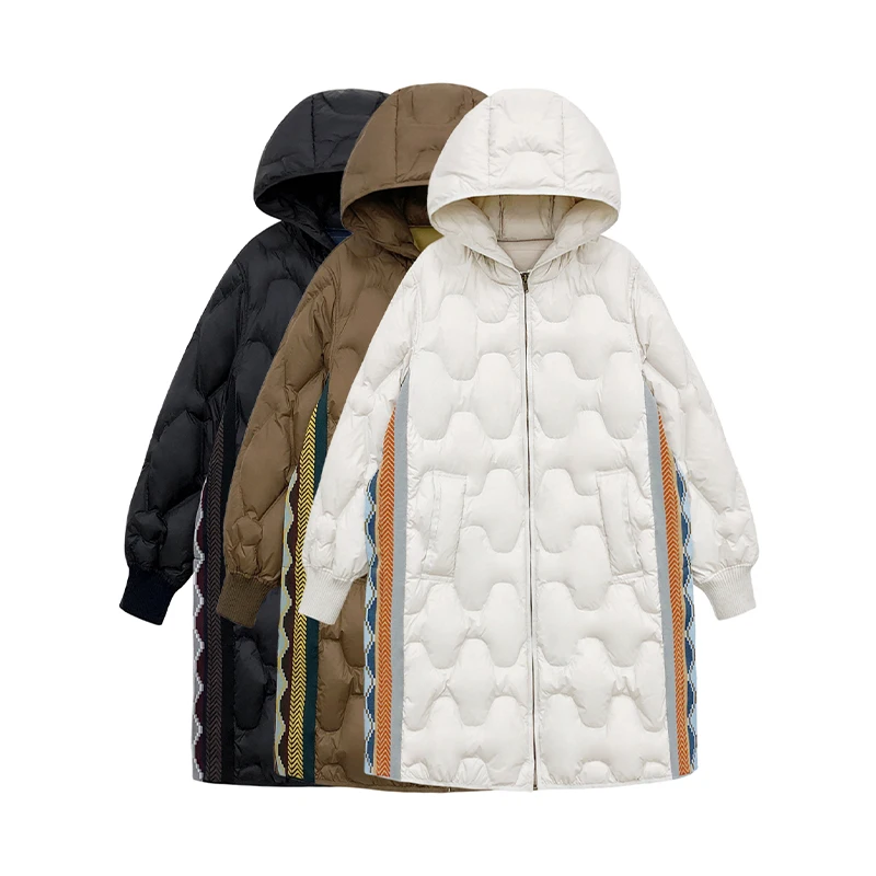 

Легкий, с ромбовидным узором, пуховая куртка для женщин средней длины 2020 зима Новый свободного покроя с капюшоном 90% белый пуховик на утином ...